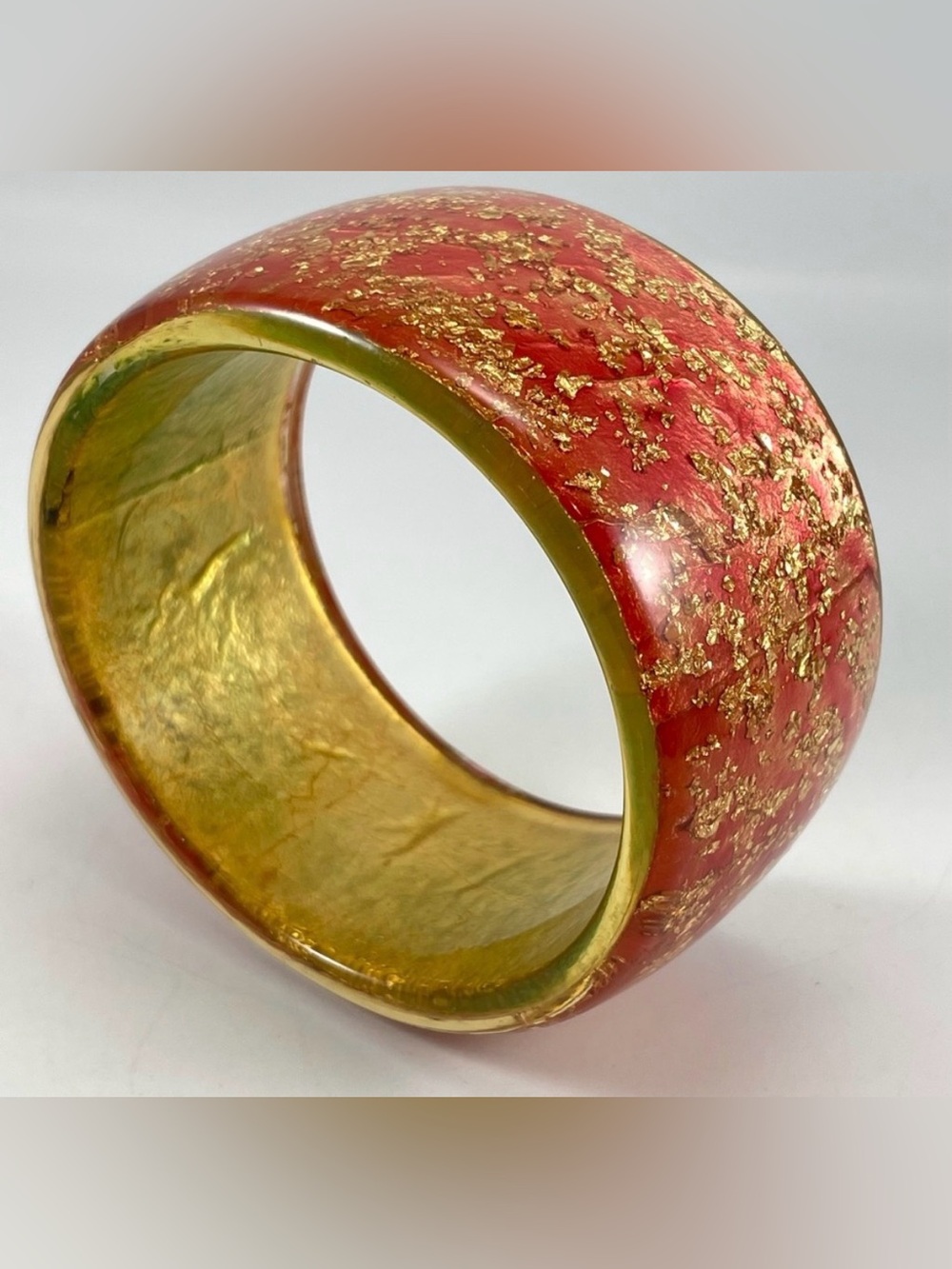 Gorgeous 1940s 50s Confetti Lucite Gold Flake and Red Bangle Bracelet Vintage